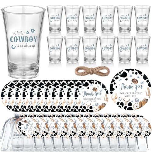 Funnymoom 50 Sets Cowboy Baby Shower Favors for Guest A Little Cowboy is on the Way Acrylic Clear Shot Glasses Thank You Cards and Twine Organza Bags for Western Baby Shower Birthday Party Decorations