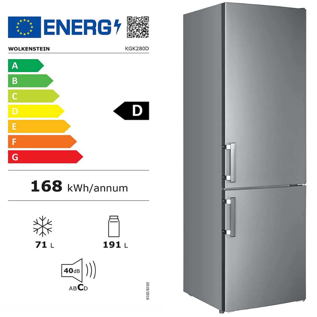 WOLKENSTEIN KGK280D Stand Kühl-Gefrierkombination | Inox Design | 180x55cm | 191L Kühlen+71L Gefrieren | Leiser Betrieb 40dB | Energieverbrauch 168kWh/Jahr | Silber