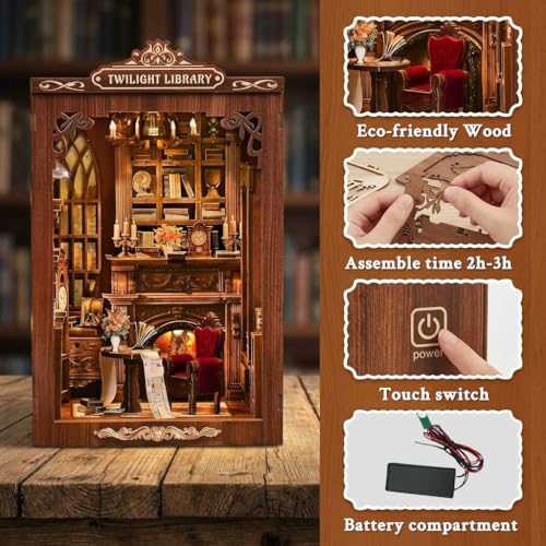 Image of PATPAT Book Nook Kit DIY Miniature House Kit with Vintage Fireplace, Bookshelves & Furnitur for Bookshelf Decoration & Creative Craft Assembly, Twilight Library Doll House Set for Kids 12*10.5*17.5cm