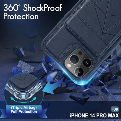 Image of amazon basics Premium Vegan Leather Back Cover with Card Holder and Integrated Mobile Stand for iPhone 14 Pro Max - Slim Shockproof Wallet Case with Geometric Stitching [Blue]
