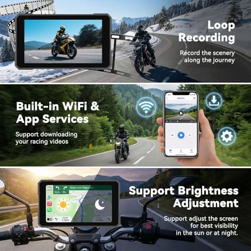 Image of SIXTOP Motorcycle CarPlay Screen with HD 1080P Dual Dash Cam Wireless CarPlay Android Auto Screen for Motorcycle TPMS Pantalla para Moto 5 inch IP67 Waterproof Touchscreen, Bluetooth, GPS, Voice Control