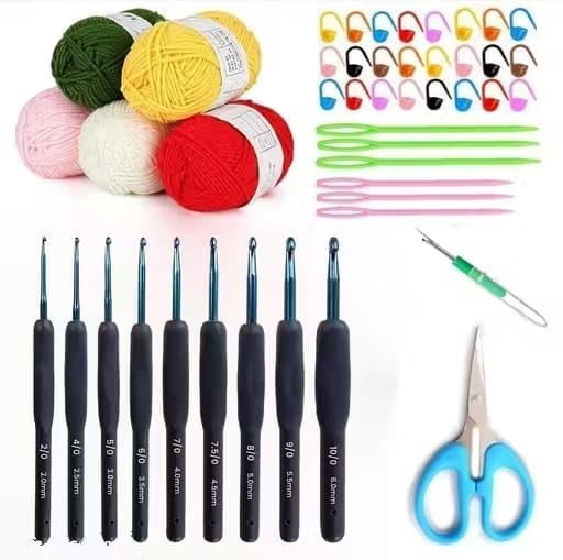 Image of Crochet Hooks Set of 9 with Soft Ergonomic Rubber Handles, Aluminum Crochet Needles Kit (2mm-6mm) with Stitch Markers, Scissors & Yarn Needles - Comfortable Grip for Arthritic Hands, Beginners & Pros (black hook kit)