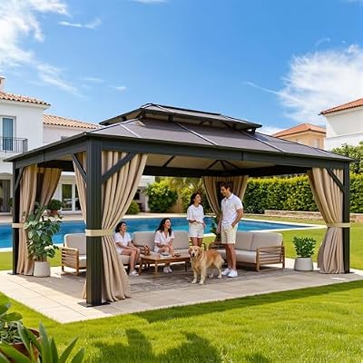YITAHOME 12x16FT Polycarbonate Gazebo Double Roof Canopy Outdoor with Netting and Shaded Curtains, Aluminum Frame Polycarbonate Hardtop Garden Tent for Patio, Backyard, Deck and Lawns, Brown