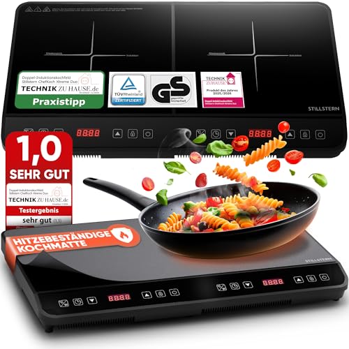 Stillstern Doppel-Induktionskochfeld | Doppel-Induktionskochplatte [3600W] mit Lautlos-Funktion & Turbo-Boost, 12-28cm, 18 Temperaturstufen & Leistungsstufen, 24h Timer, Kindersicherung, Touch