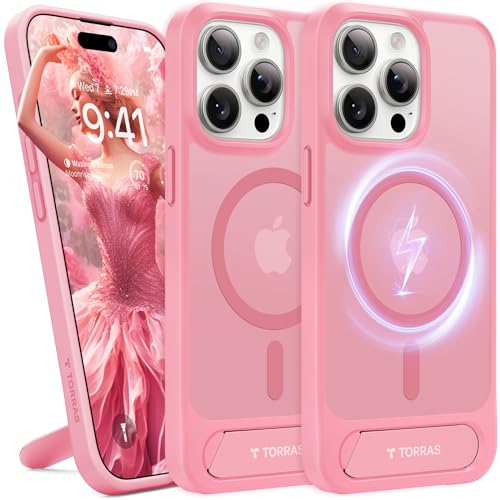Image of TORRAS Strong Magnetic & Seamless Stand for iPhone 15 Pro Max Case, Fit for MagSafe, Mil-Grade Drop Protection, Adjustable Kickstand for iPhone 15 ProMax Case for Work/Video, Slim Frosted Matte Pink