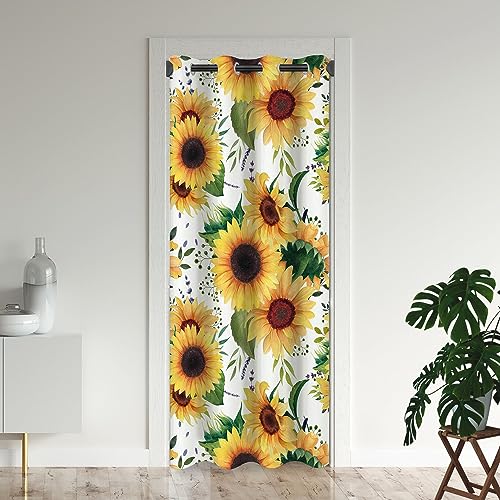 Sunflower Door Curtains for Doorways, Rustic Summer Hand Drawn Floral Yellow Blackout Curtain for Kids Bedroom Closet, Grommet Thermal Insulated Privacy Door Drapes for Room Divider, 34