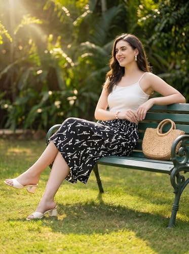 Image of THUMBA Women's Printed Poly Rayon Palazzo Pants | Wide Leg Culottes | Floral & Butterfly Print | Elastic Waist | Casual & Ethnic Wear | S M L XL 2XL 3XL