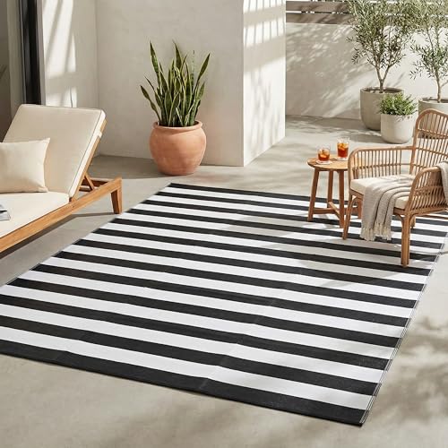 FH Home Outdoor Camping Rug - Waterproof Fade Resistant Reversible - Premium Recycled Plastic - Striped - Large Patio Deck Sunroom RV - Brittany Stripe - Black & White - 9 x 12 ft Foldable