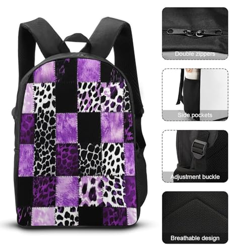 Purple Black Patchwork Quilt With Leopard Pattern Backpack Set 3 Pieces Backpacks Lunch Bag Wallet For Travel Outdoor Sports3