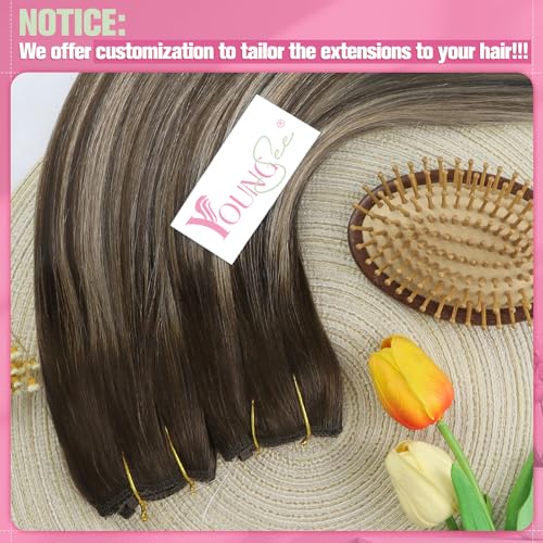 Image of YoungSee 125G Wire Hair Extensions Balayage Brown Fish Line Hair Extensions Real Human Hair Ombre Dark Brown with Ash Blonde Hair Extensions Wire for Women 16Inch