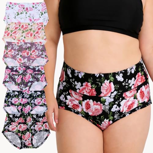 Image of Women's Underwear Plus Size XL-6XL Panties Briefs High Waist Rose Floral Print 6 Pack Undies