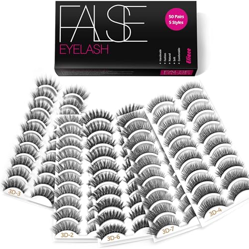 Eliace Eyelashes, (50 Pairs,5 Styles) Luxurious Faux Mink Lashes Natural Look Wispy Fluffy Handmade Cat Eye False Lash Pack, False Eyelashes Set, Fake Lashes Strips, Makeup Fake Eyelashes Pack