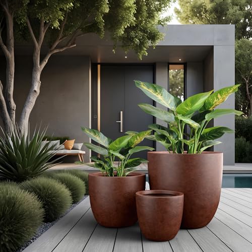 Image of Kante Set of 3 Rusty Concrete Bowl Planters 18 inch 14 inch 10 inch Dia