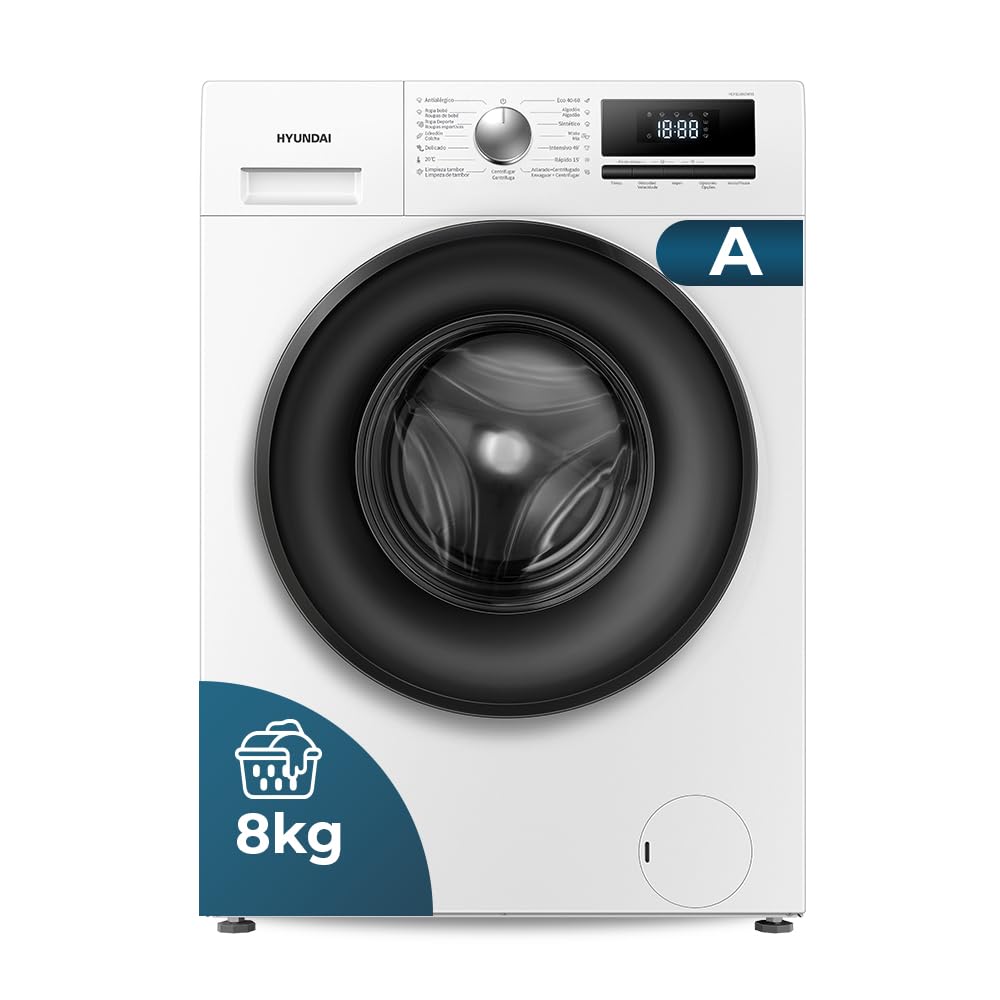 Hyundai Lavadora 8 Kg Carga Frontal, Blanco, HLF814IADW01. 1400 rpm, Motor Inverter, 15 Programas, Eco-Logic System, Tambor Waterdrop, Clase de Eficiencia Energética A