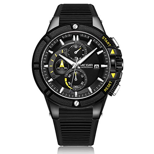 MEGIR Men?s Analogue Sport Quartz Wrist Watches with Soft Silicone Strap Chronograph Luminous Auto Calendar Waterproof Function (Black)