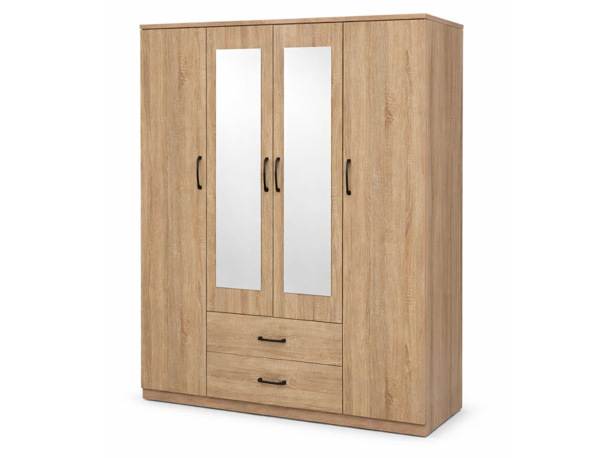 Armoire Valentina 4 Portes avec Penderie, Étagères et 2 Tiroirs, Rangement pour Chambre, Blanc/Chêne/Bois Grisé (Chêne)