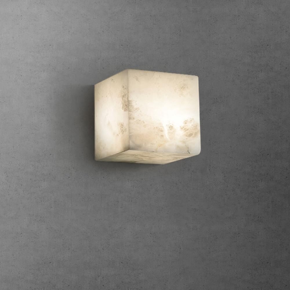 Hertl Square White Marble Wall Sconce Cubic Block Alabaster Modern Wall Light Small Natural Stone Wall Lighting Fixture Bedside Wall Lamp for Bathroom Vanity Living Room Hotels Villa Hallway