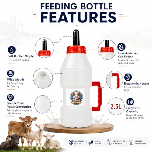 Eco-PetCare Calf Feeding Bottle 2.5L with Rubber Nipple and Handle | Heavy Duty Livestock Milk Feeder for Cow Buffalo Goat Sheep Dairy Farm Use, Pack of 1 - Image 6