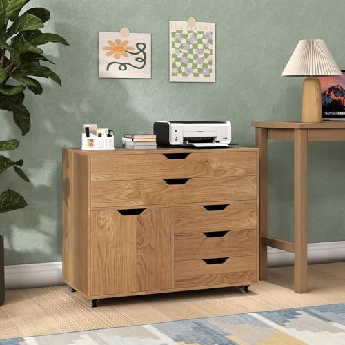 COSTWAY Mueble Archivador de Madera con 5 Ruedas Universales, Cómoda de 5 Cajones con Puerta, Soporte de Impresora, Moderno Gabinete de Almacenaje Vertical Salon Estudio, Oficina (Natural) - imagen 9