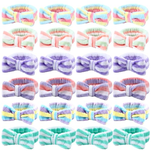 WILLBOND 24 Pieces Spa Headband Bulk Skincare Headbands Face Wash Makeup Hairband Bow Facial Washing Face Head Wraps Adjustable Soft Flannel Towel for Women Shower (Stylish)