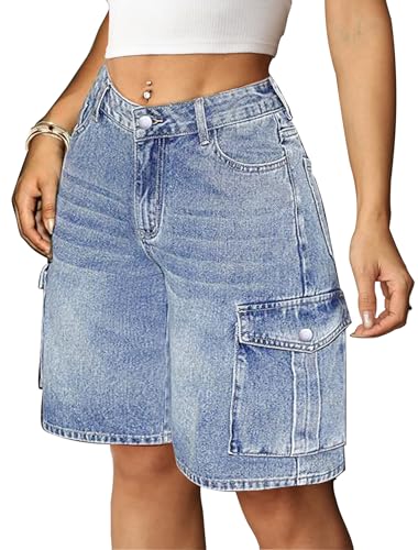 Eddoyee Baggy Bermuda Cargo Jorts for Women Y2K Long Knee Length Stretchy Denim Jean Shorts Casual Outfits with 6 Pockets(Light Blue Medium)