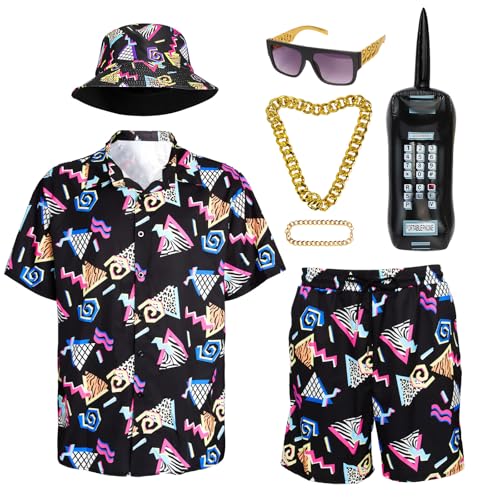 80s 90s Outfit for Men, Retro Hawaiian Shirts and Shorts Set,Hip Hop Sportswear 7Pcsfor Disco Party