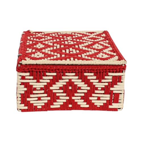 Image of Kaahira Handmade Decorative Storage Box and Organiser | Macrame Gift Hamper Box for Cosmetics, Toiletries & Return Gifts | Aesthetic Rope Woven Organizer (Red and White, Large - 14x10x4 inches)
