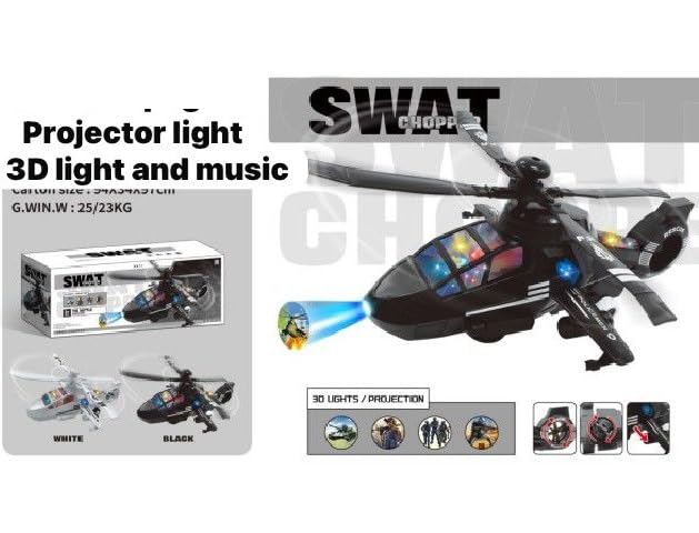 Image of SHAKTISM SWAT Police Helicopter Toy with 3D Lights, Music, Projection Function, Black, Battery Operated, 360 Rotatable Wheels for Kids -1Pc - Random Colour