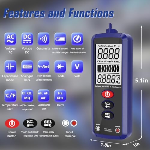 Image of Handheld Digital Smart Household Multimeter, Voltage Tester with Leads, Voltmeter Measures, NCV, AC /DC Voltage, Resistance, Continuity & Live Wire for Automotive Testing Multimeter Detector