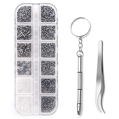 Sunglasses Eyeglasses Repair Kit, 1100PCS Tiny Stainless Steel Screws and 5 Pairs Nose Pads with Micro Screwdriver Tweezer for Watch Clock Spectacle Eyewear Repair