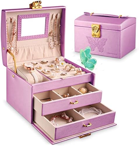PRETTY COMY Jewelry Boxes for Girls, Jewelry Organizer Box 3 Layer with 2 Drawer PU Leather, Purple Kids Jewelry Box With Lock Mirror for Earrings Bracelets Rings Necklace Watch(Butterfly & Lavender)
