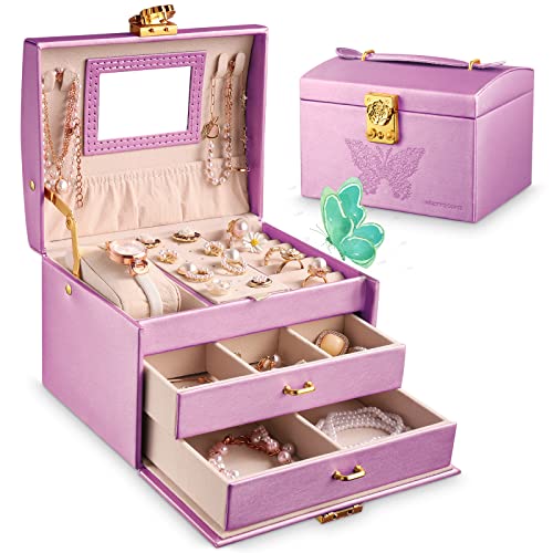 Pretty Comy Jewelry Boxes For Girls, Jewelry Organizer Box 3 Layer With 2 Drawer Pu Leather, Purple Kids Jewelry Box With Lock Mirror For Earrings Bracelets Rings Necklace Watch(Butterfly & Lavender) #TOP1