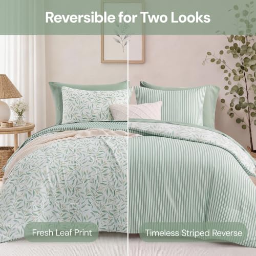 Image of Monbix Full Size Comforter Sets - 7 Pieces Floral Reversible Bed in a Bag | Botanical Bedding Set with Sheets, Pillowcases & Shams for All Seasons, Green