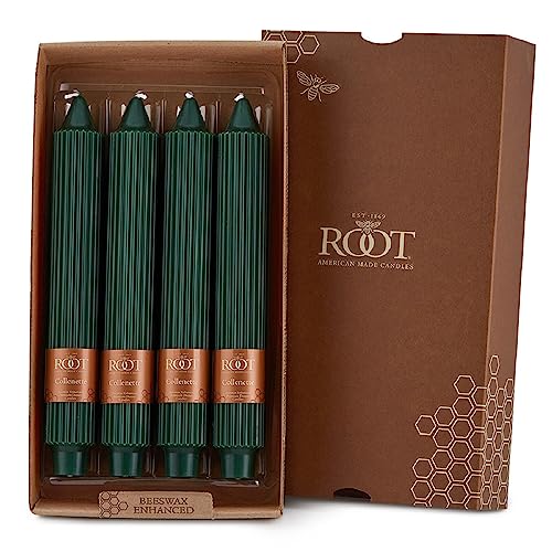 Root Unscented Grecian Collenettes Dinner Candles, 9-Inch Tall, Box of 4, Dark Green