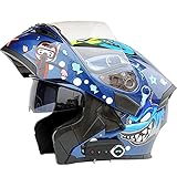 Motorcycle Bluetooth Helmets Full Face Flip up Dual Visors Helmet Built-in Integrated Intercom Communication System (Shark Blue, L-23.23'-23.62')