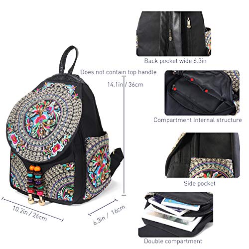 Image of SILKAREA Vintage Embroidered Floral Ethnic Backpack Purse for Women Bohemian Handbag Shoulder Bag Travel Purse (Black S1)