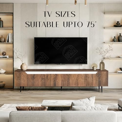 Image of ABOUT SPACE TV Unit - Engineered Wooden TV Stand Table Cabinet with Drop Down Doors, Cable Hole for Set Top Box WiFi Router Stand for Living Room, Bedroom (White & Walnut- L 180 x B 37 x H 48 cm)