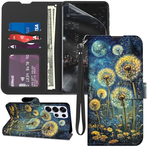for Samsung Galaxy S24 Ultra Case Wallet with Screen Protector, Stand PU Leather Flip Folio Cover with Card Holder, Full-Body Protection Phone Case for Samsung S24 Ultra, Dandelion Flowers