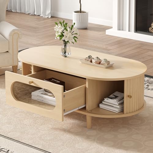 QSOST Table Basse Ovale 100x50x36 cm en MDF Chêne - Meuble de Salon avec Tiroir en Verre et Porte Coulissante Enroulable - Table de Rangement pour Canapé,...