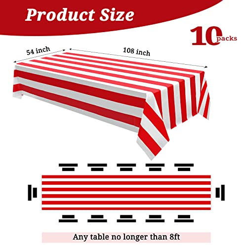 10 Packs Red Striped Rectangular Tablecloth Plastic Waterproof Tablecloths 54" X 108" Disposable Carnival Circus Classic Red And White Table Covers,For Birthday,Picnic Party,Outdoor Table Decorations #TOP1