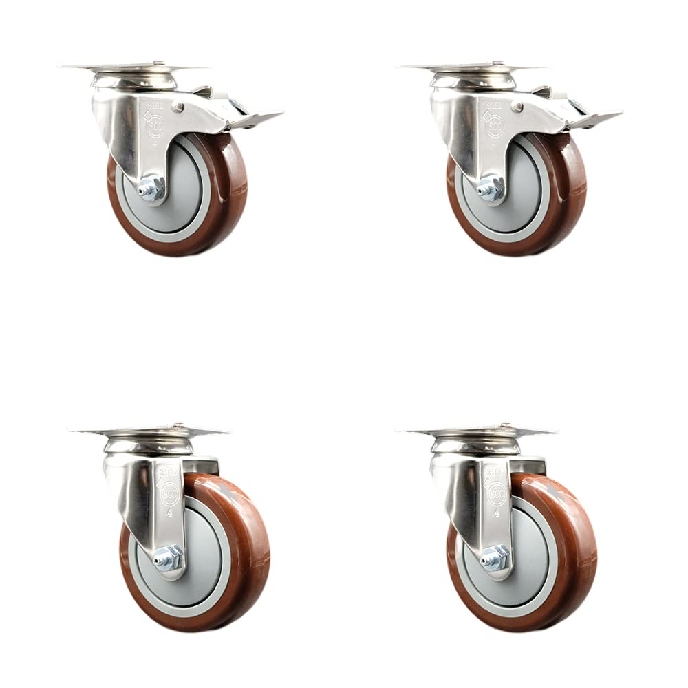 Polyurethane Swivel Top Plate Caster Set of 4 with 4 Inch Maroon Caster Wheels - 316 Stainless Steel Casters - Includes 2 Swivel with Total Lock Brakes and 2 Swivel - Service Caster Brand