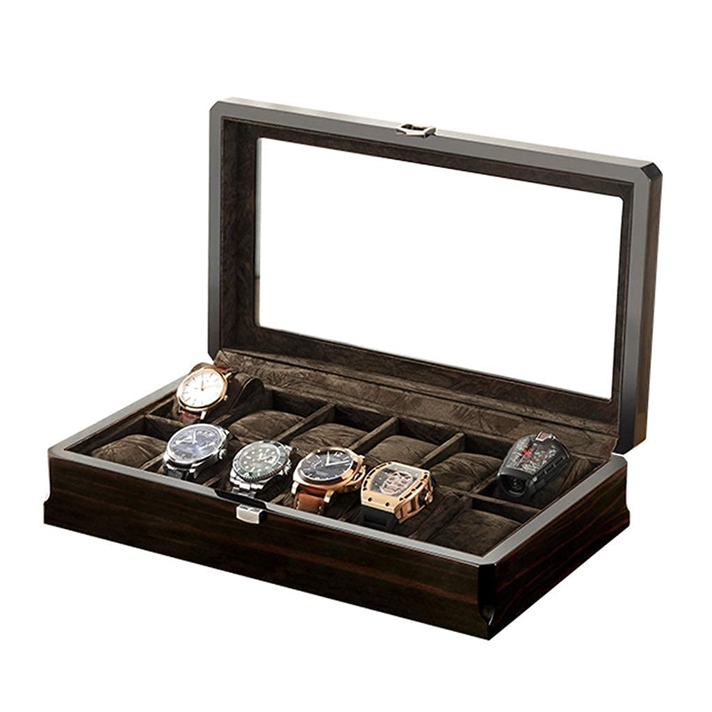 Support montre mécanique pour ranger 12 montres homme sur une commode en bois noir