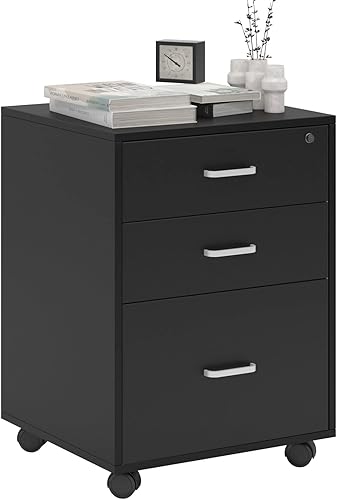 soges Archivador vertical con cerradura de 3 cajones en las ruedas, para oficina en casa, color negro