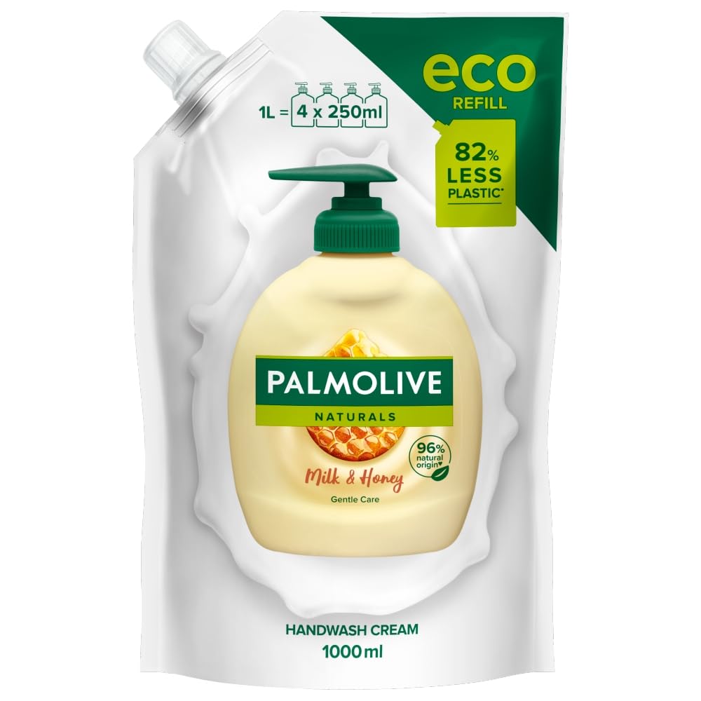Palmolive Hand Wash Naturals Milk & Honey Liquid Soap, Dermatologically Tested Hand Wash, Gentle Large Refills Bag Use 80% Less Plastic - Refills Bag 1 Liter