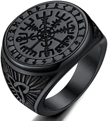 Mens Signet Ring Black Viking Rings for Men Size 9 Nautical Compass Ring Man's Vegvisir Ring