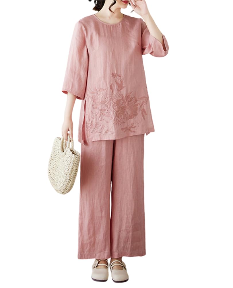 PRINCESS BRIDE Elegante set di due pezzi da donna in lino con stampa floreale con orlo a fessura top ramiè pantaloni a gamba larga tasche laterali