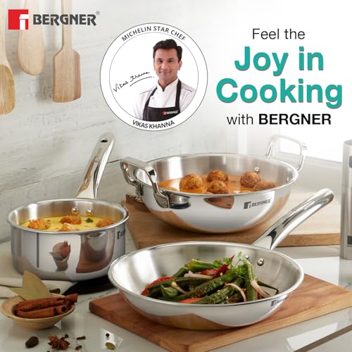 Image of Bergner TriPro 3 Pcs Tri-Ply Stainless Steel Induction Bottom Cookware Set - 22cm (2L) Kadai and 22cm (1L) Frypan, 14cm (1.1L) Teapan, Less Oil Use, Easy to Clean - Induction and Gas Stove Ready