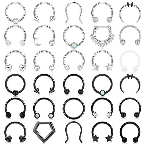 ONESING 16G 30PCS Surgical Steel Septum Ring Set - Nose Rings Septum Nostril Piercing Jewelry Hypoallergenic Lip Rings for Women Men 10mm
