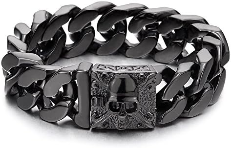 COOLSTEELANDBEYOND Mens Black Large Steel Curb Chain Bracelet with Fleur De Lis and Skull, Biker Gothic, Polished