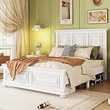 Mirightone King Size Bed Frame with Tall Headboard & Footboard,Wooden Framhouse King Bed Frame with Wood Slats, Under Bed Storage Space, Easy Assembly, Noisy Free,White